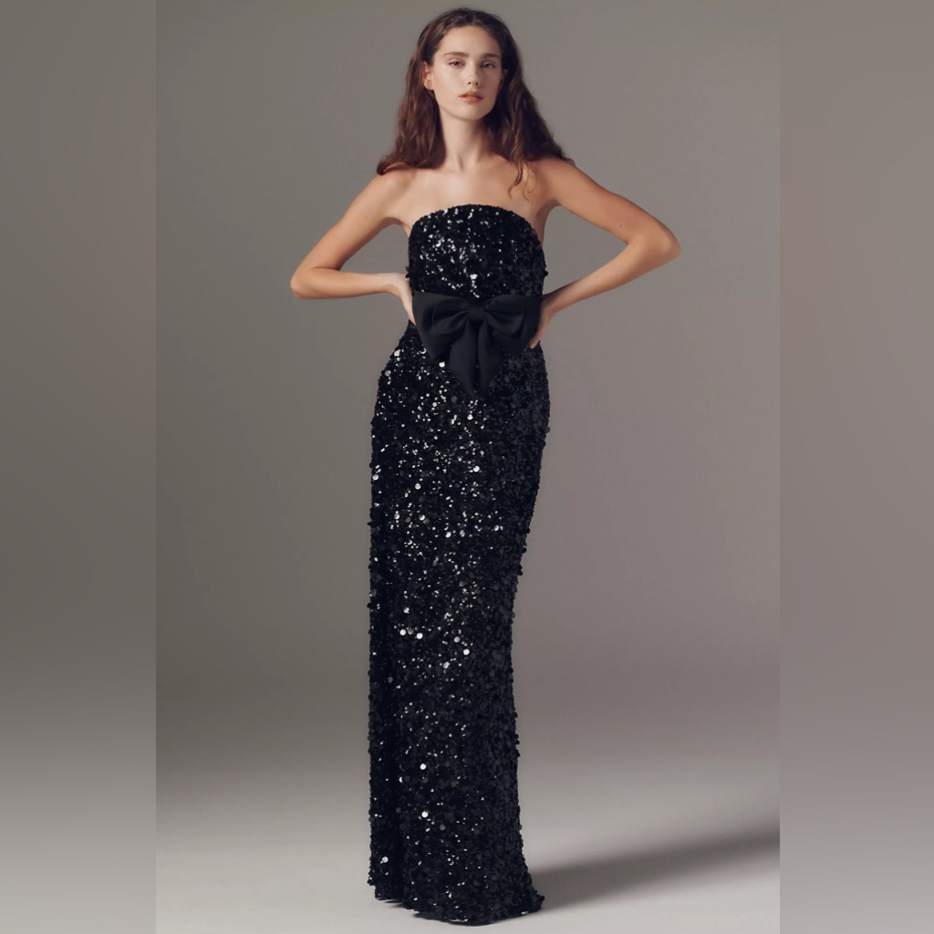 Mac Duggal Black Strapless Sequin Evening Gown With Bow Anthropologie